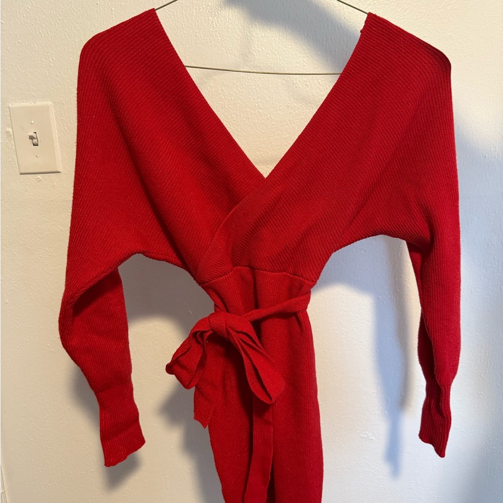 Lush Vibrant Red V-Neck Sweater Dress